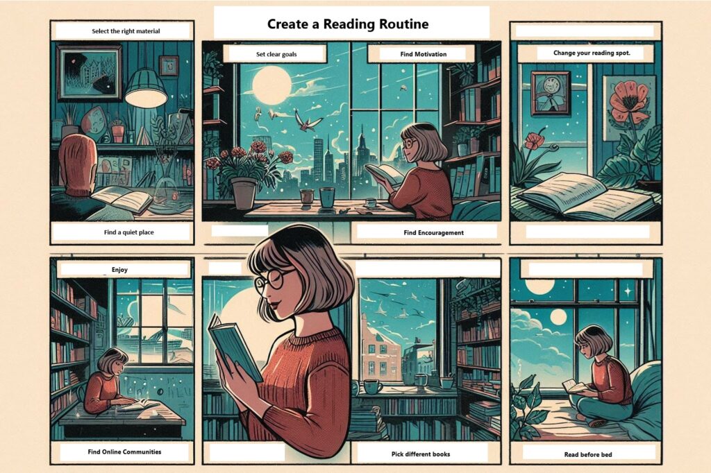 style image on creating a reading routine for yourself or your child.